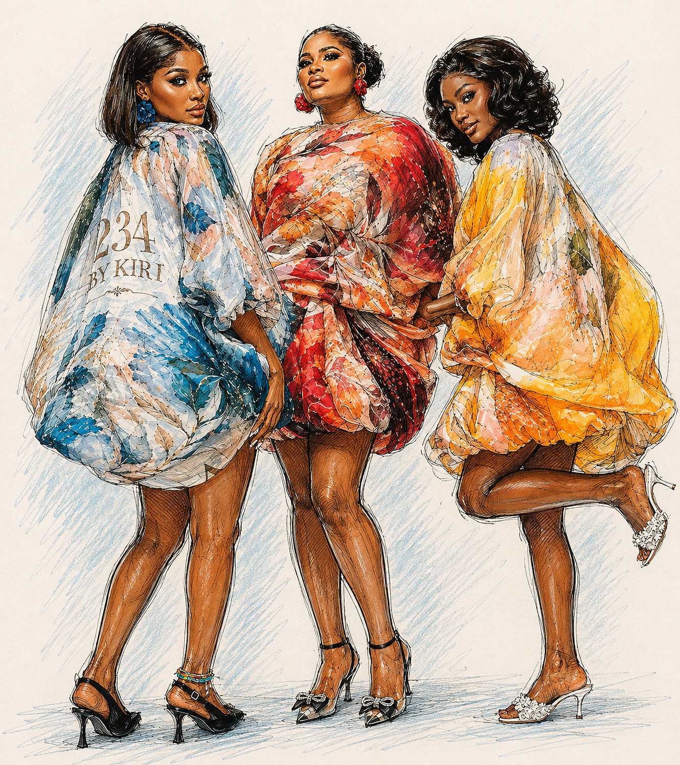 Hand drawn fashion illustration of the Blossom Bubble Dress in three views