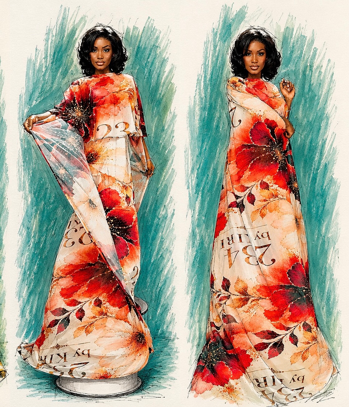 Hand drawn fashion illustration of the Majesty Cape Gown in two views