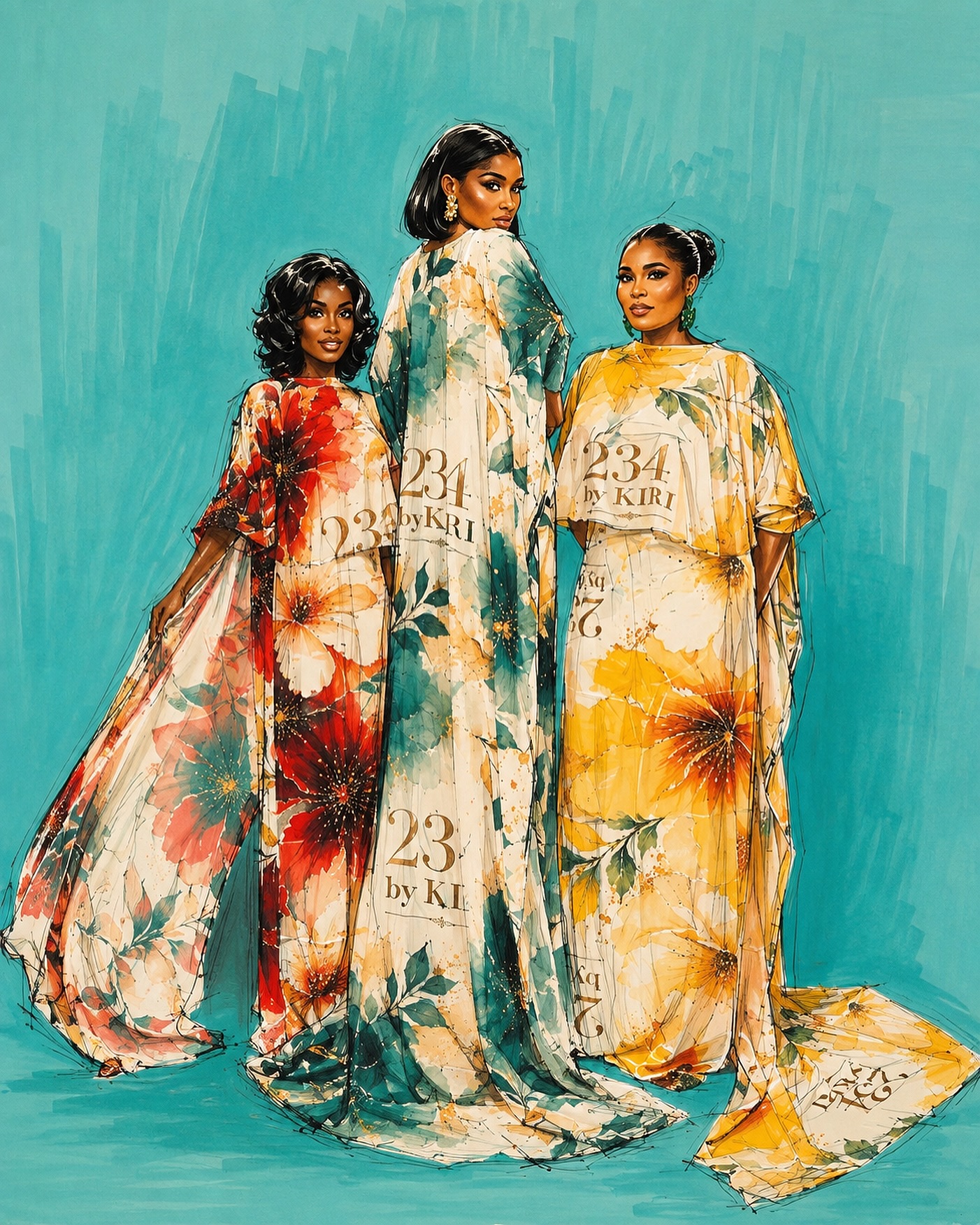 Hand drawn fashion illustration of the Majesty Cape Gown in three views