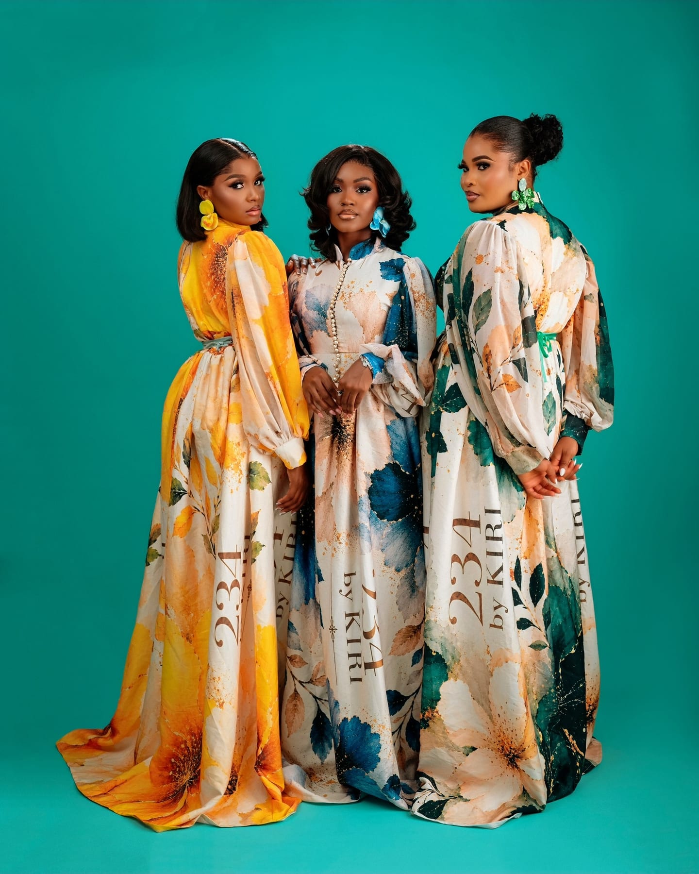 Teal floral Bloom Royale gown on the studio floor (frame 8 of 9)