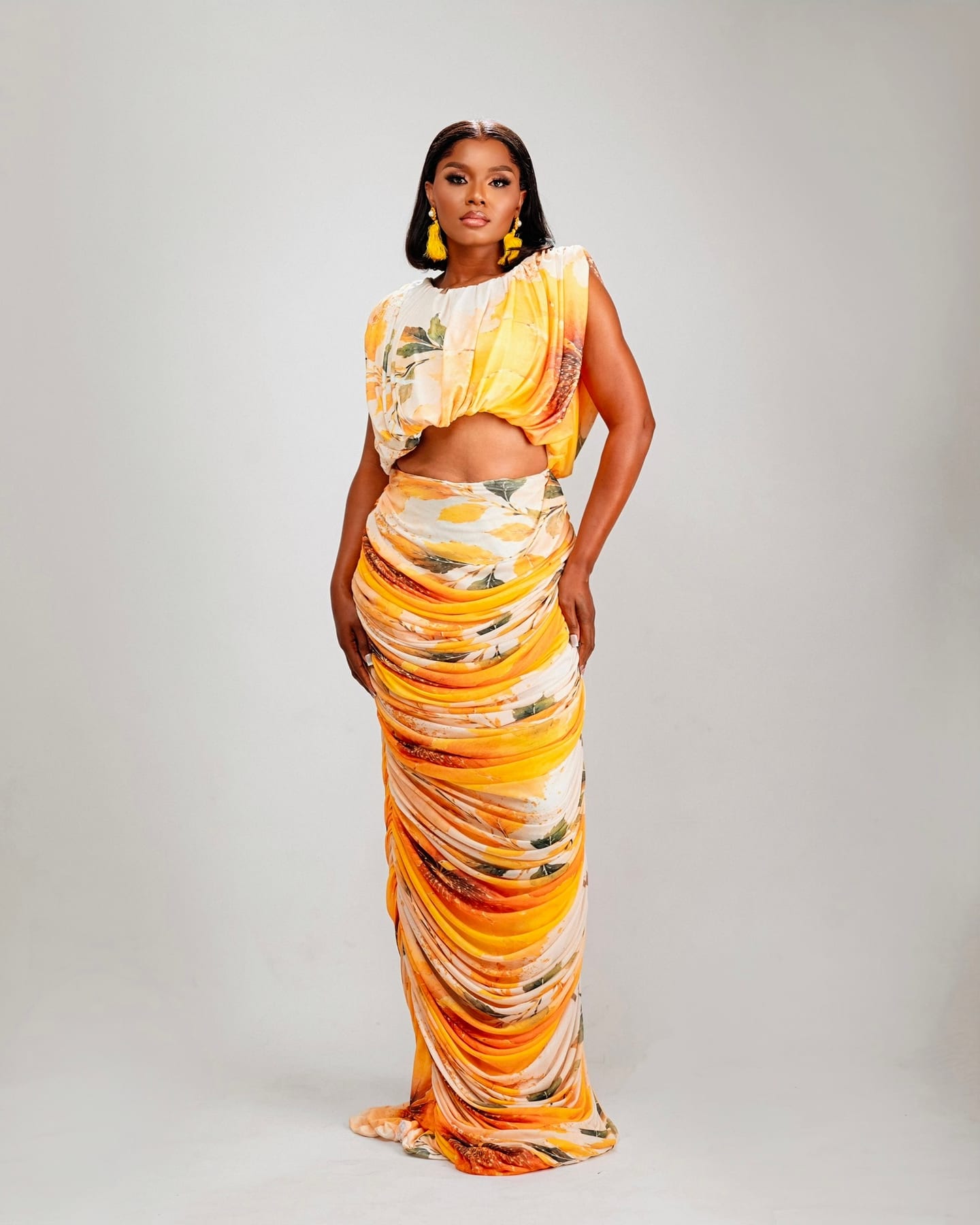 Drape Goddess Gown in molten orange and gold (frame 1 of 7)