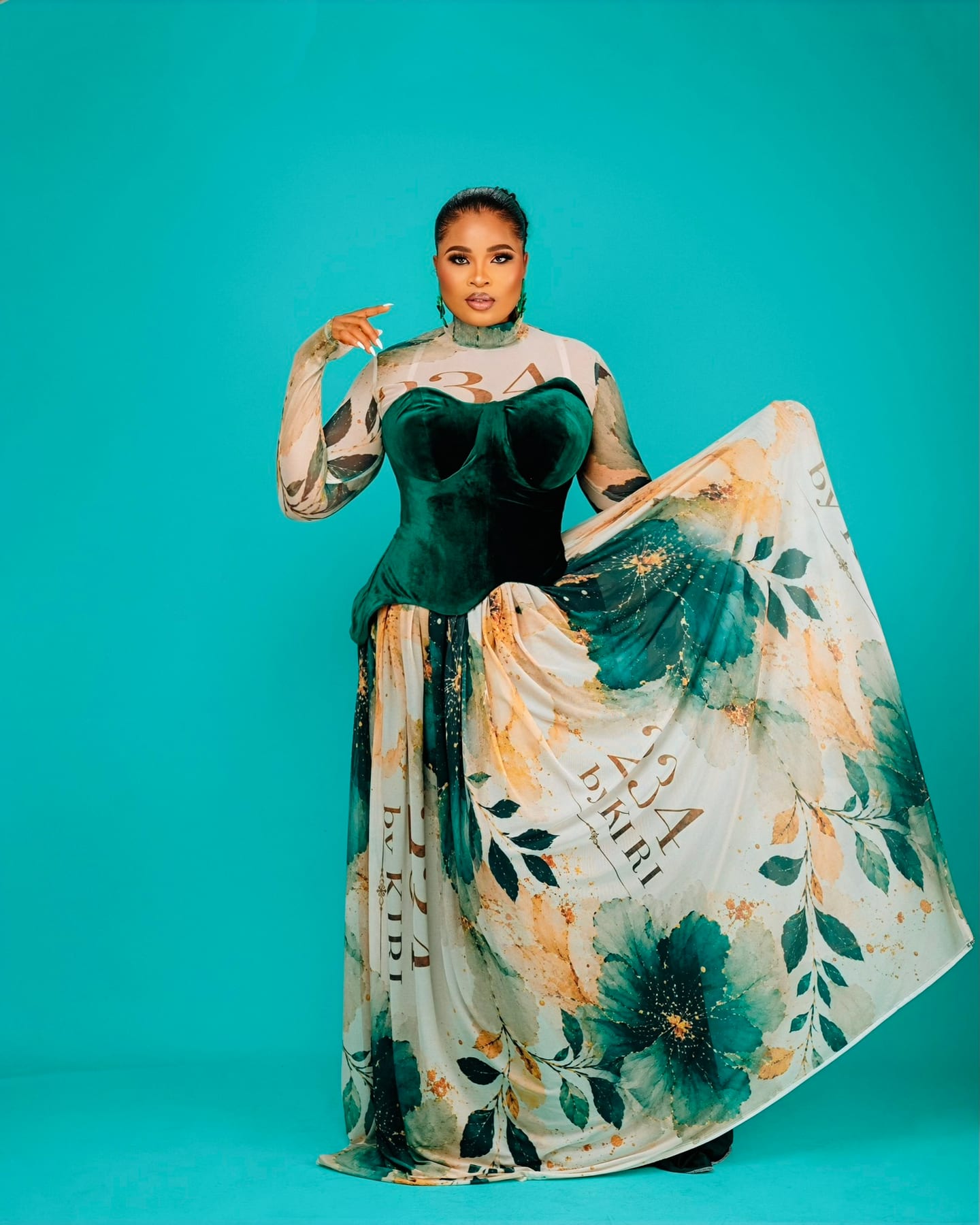 Empress Corset Gown with velvet bodice and printed skirt (frame 2 of 8)