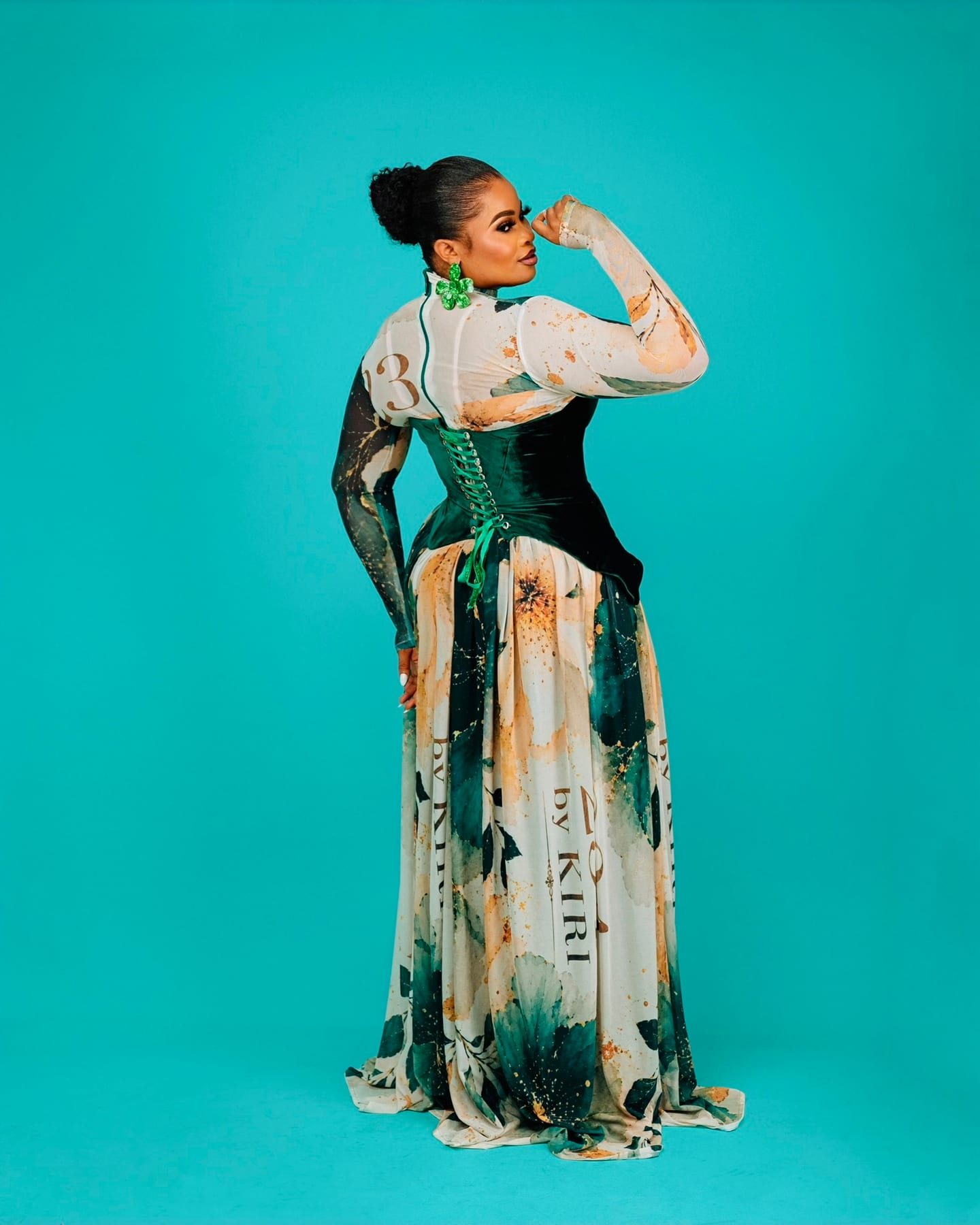 Empress Corset Gown with velvet bodice and printed skirt (frame 3 of 8)
