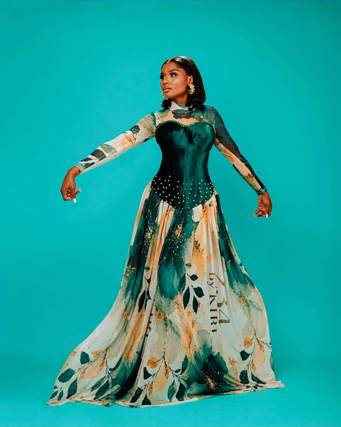 Empress Corset Gown with velvet bodice and printed skirt (frame 4 of 8)