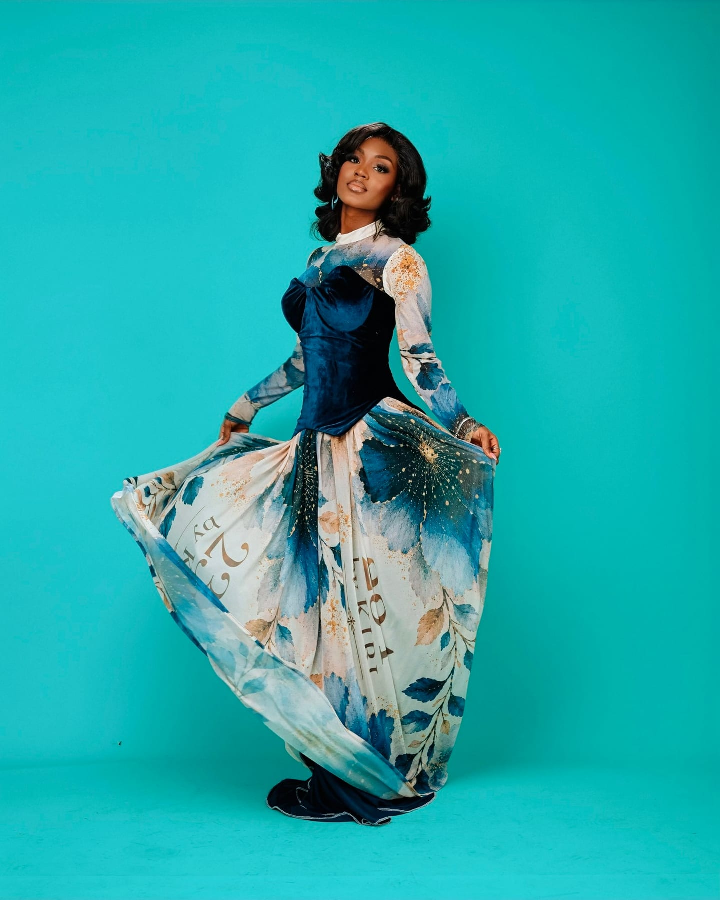Empress Corset Gown with velvet bodice and printed skirt (frame 6 of 8)
