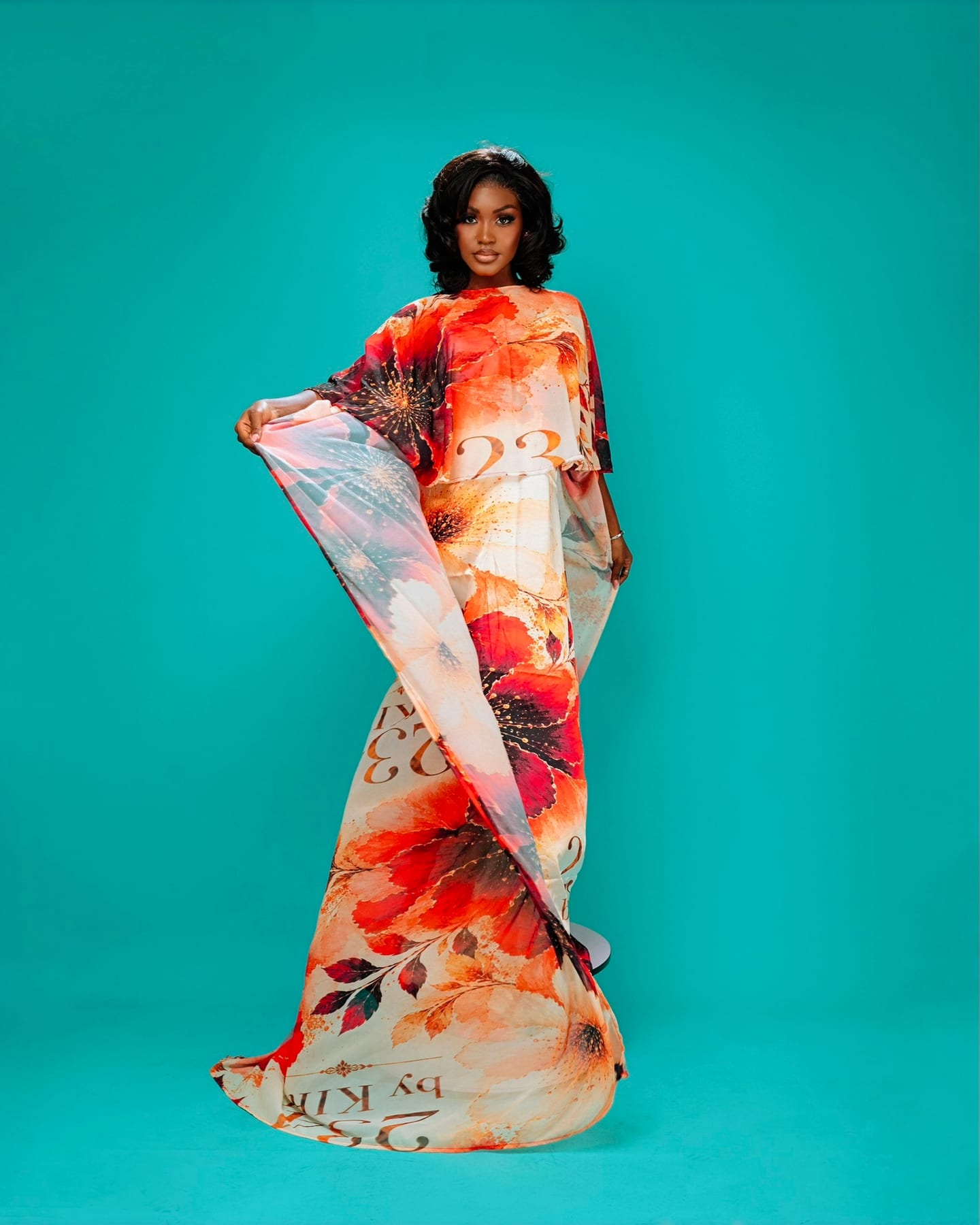 Majesty Cape Gown in golden bloom print (frame 2 of 8)