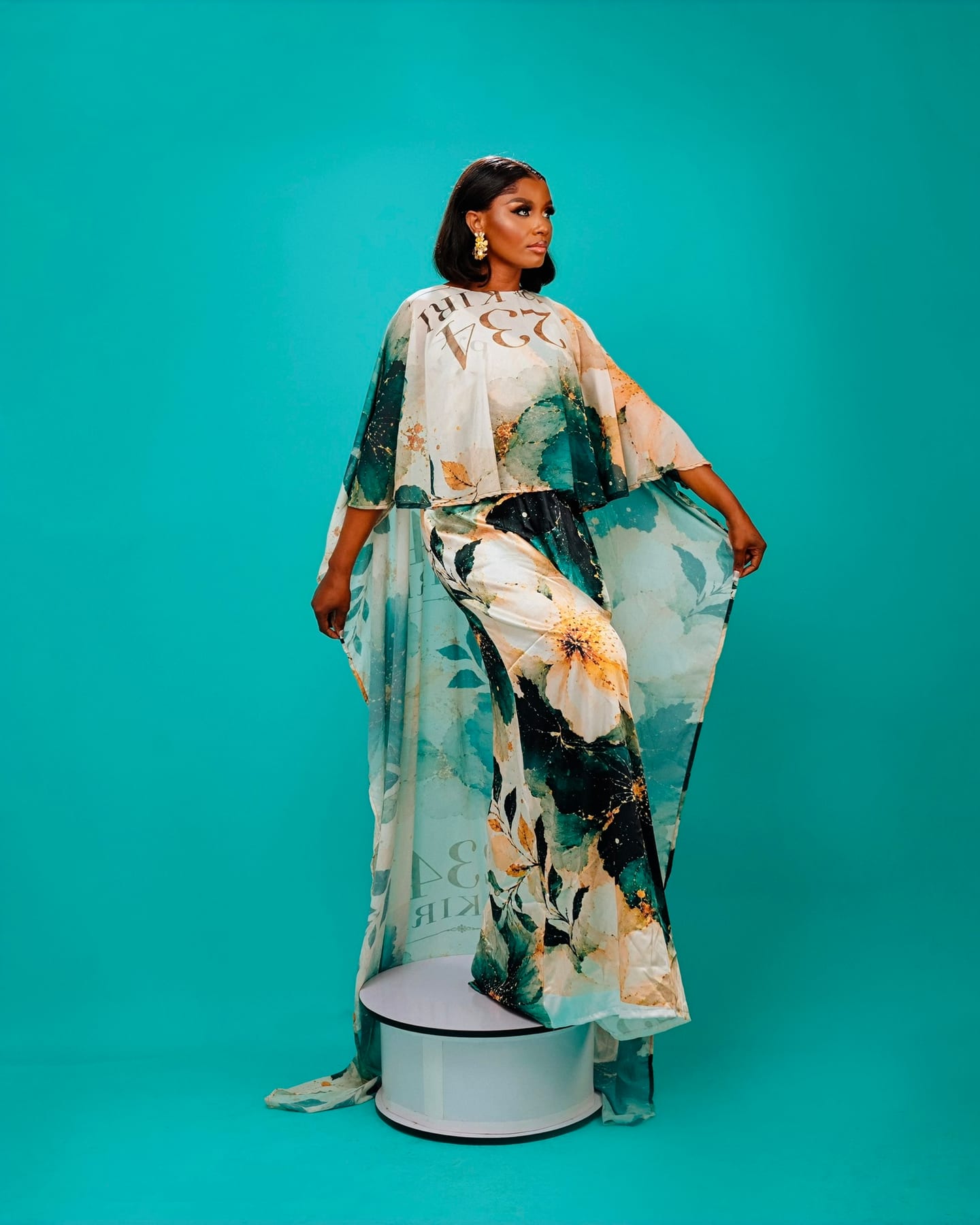 Majesty Cape Gown in golden bloom print (frame 8 of 8)