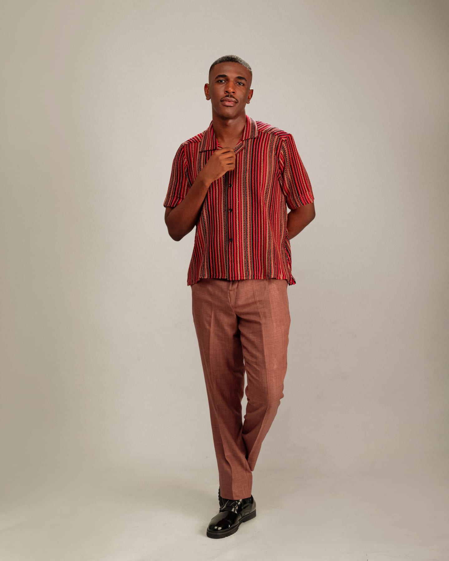Montego Set in cream and cocoa stripes with rust trousers (frame 1 of 3)