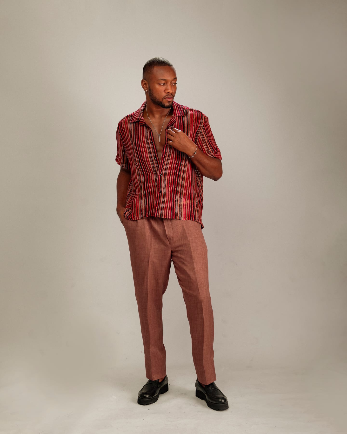 Montego Set in cream and cocoa stripes with rust trousers (frame 3 of 3)