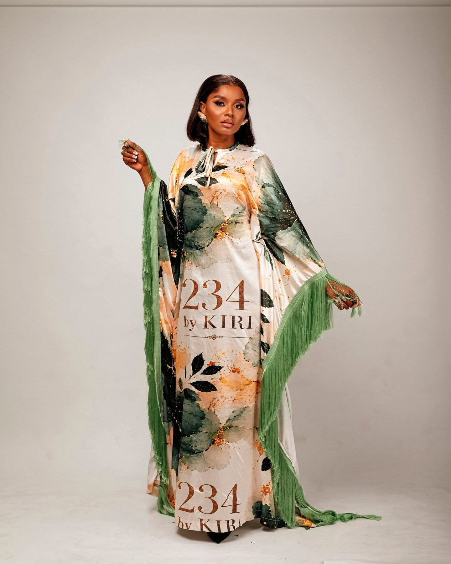 Opulence Fringe Boubou in painterly green and gold (frame 3 of 5)