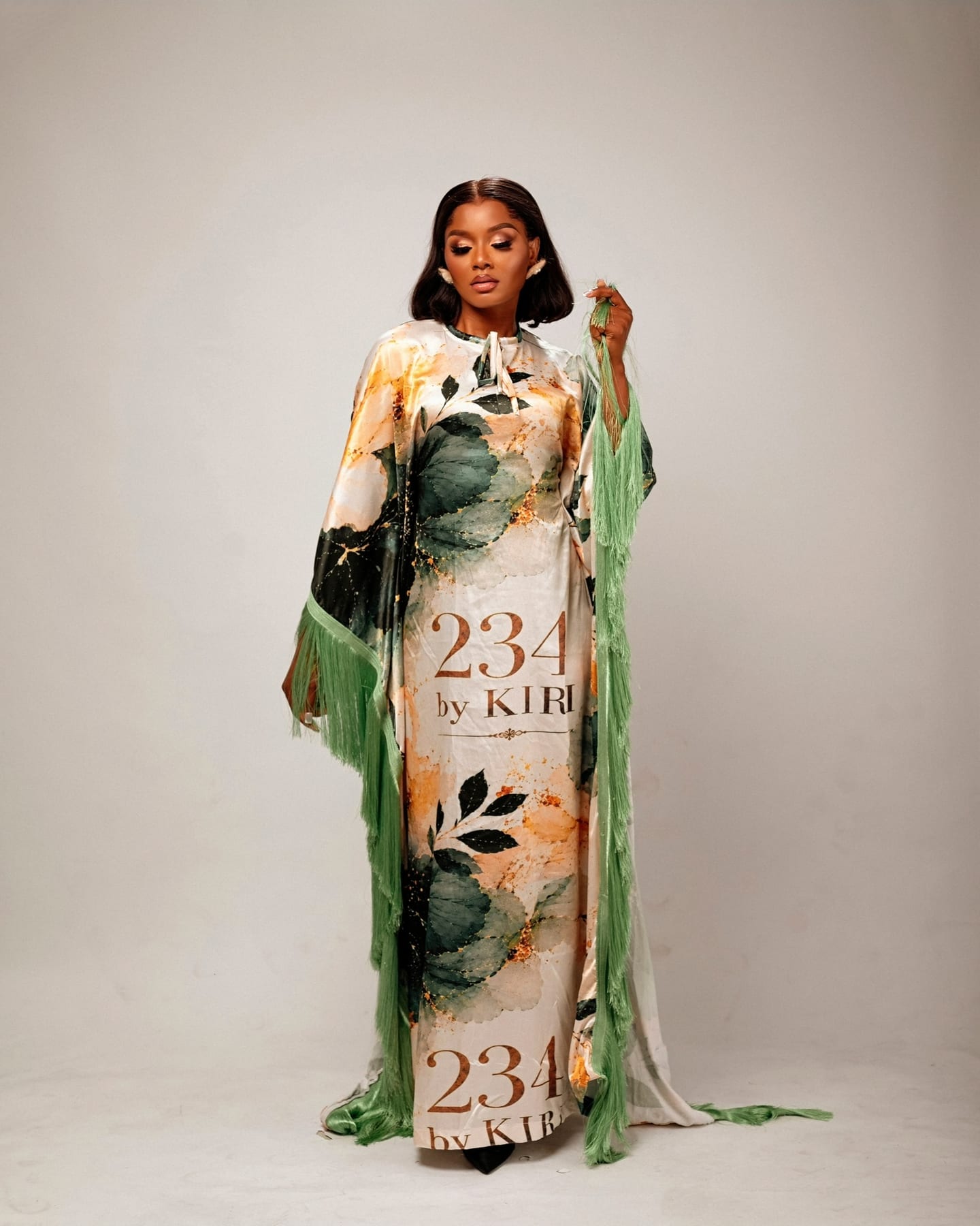 Opulence Fringe Boubou in painterly green and gold (frame 4 of 5)