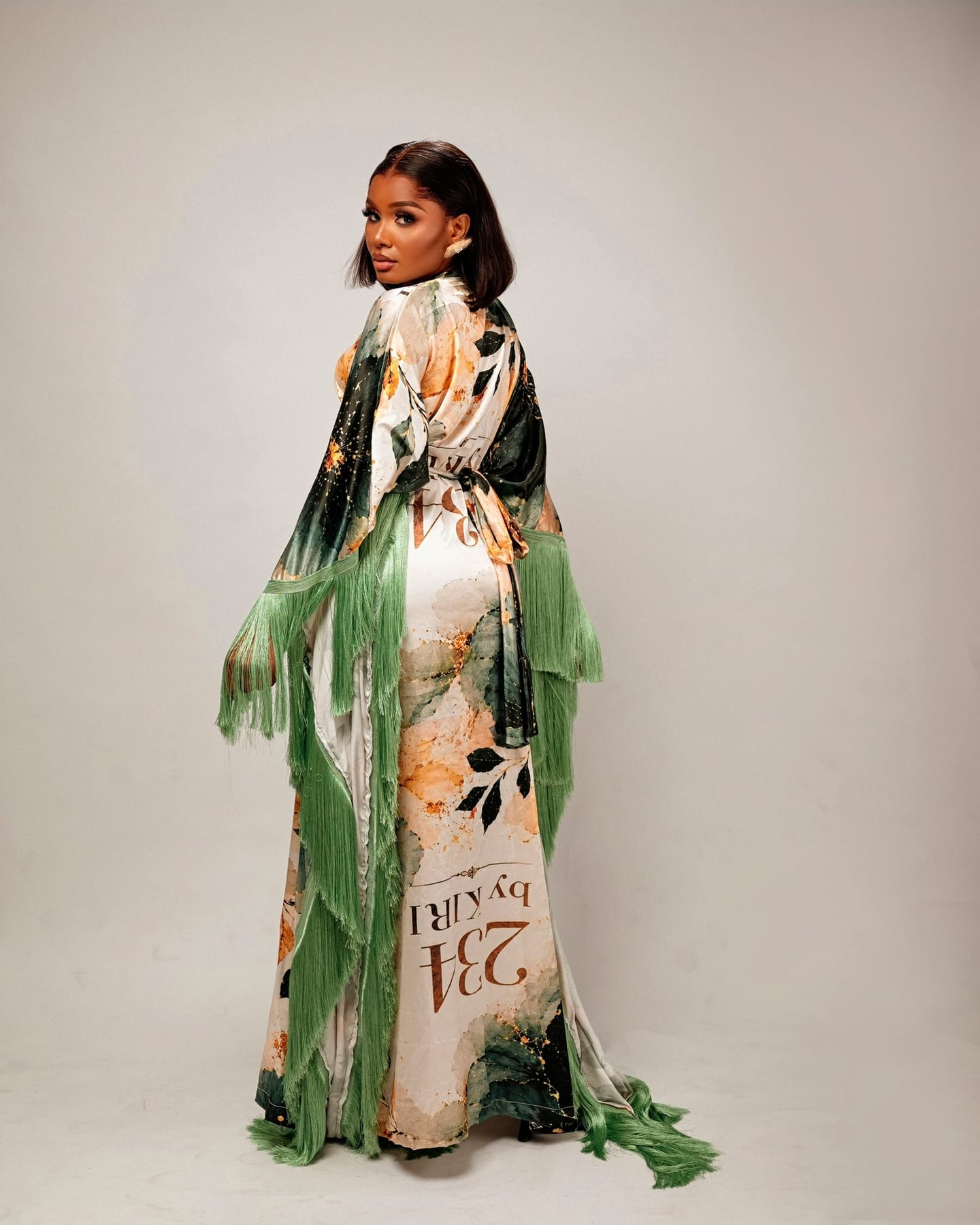 Opulence Fringe Boubou in painterly green and gold (frame 5 of 5)
