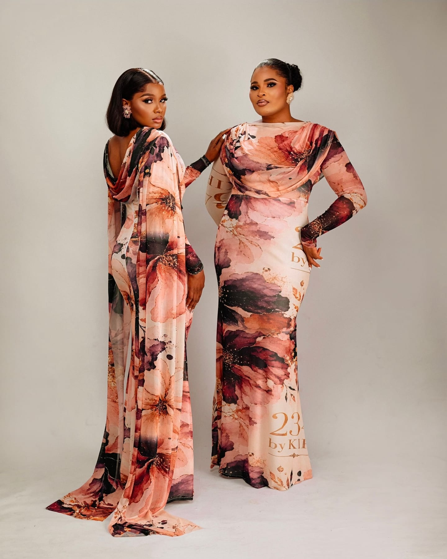 Regal Veil pink floral gown with trailing veil panels (frame 2 of 9)