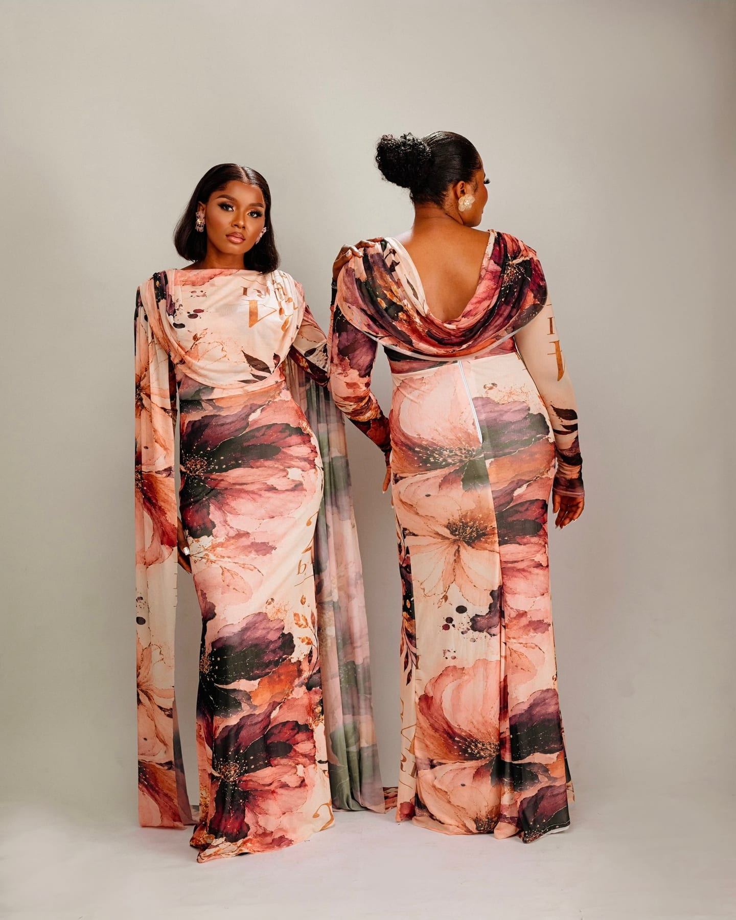 Regal Veil pink floral gown with trailing veil panels (frame 3 of 9)