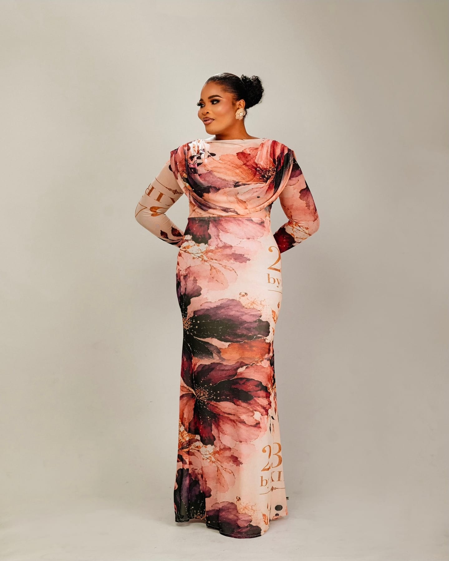 Regal Veil pink floral gown with trailing veil panels (frame 4 of 9)