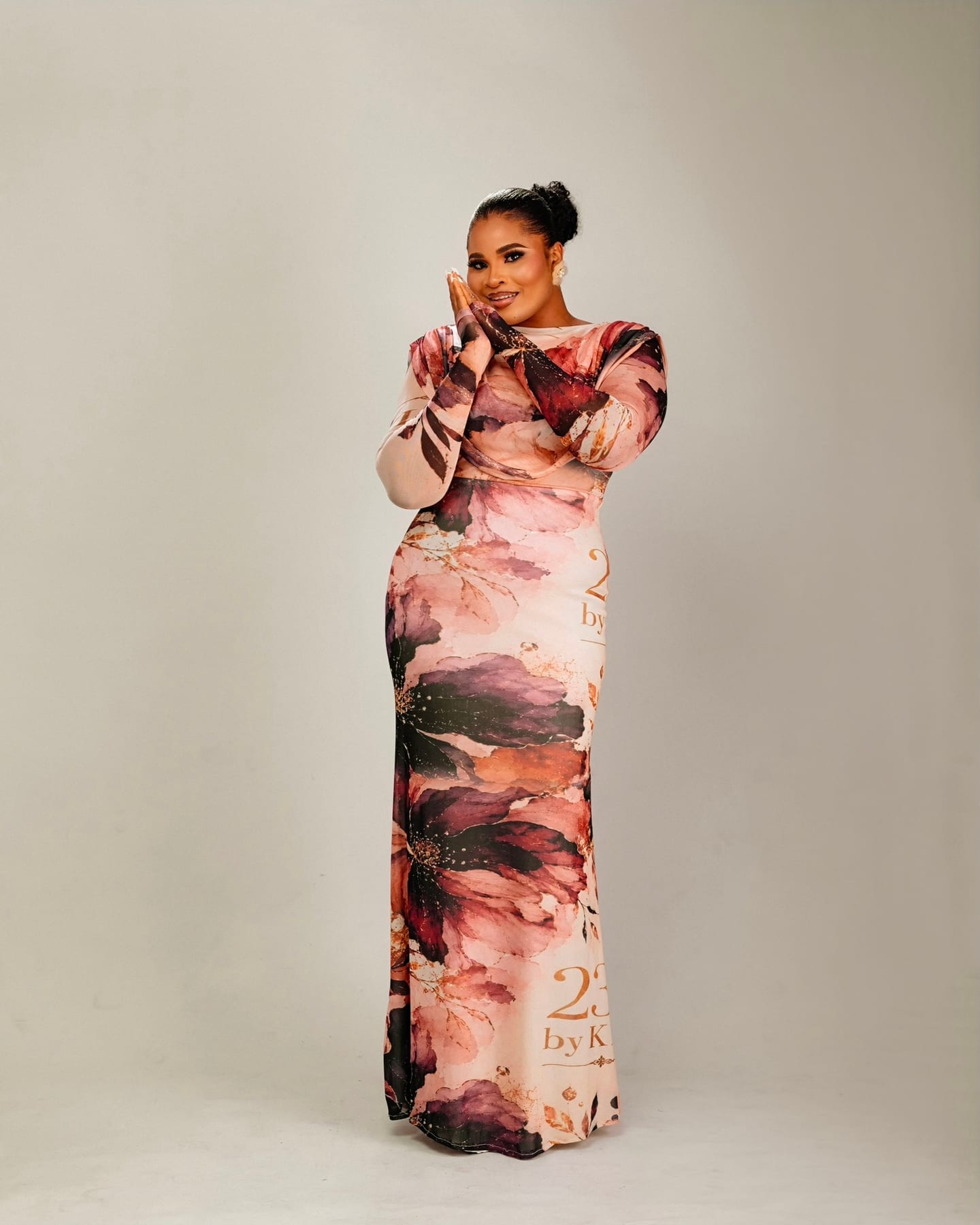 Regal Veil pink floral gown with trailing veil panels (frame 5 of 9)