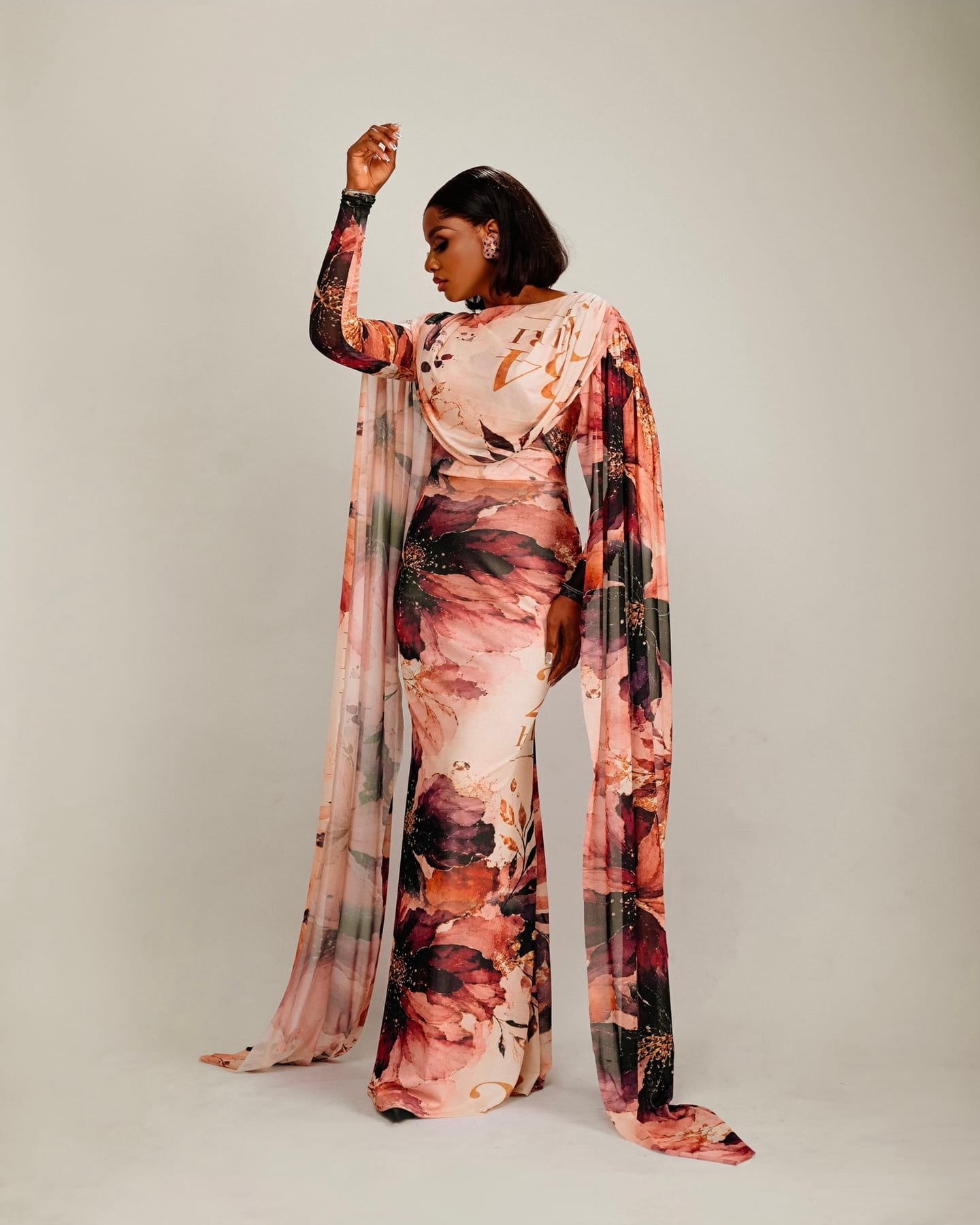 Regal Veil pink floral gown with trailing veil panels (frame 6 of 9)