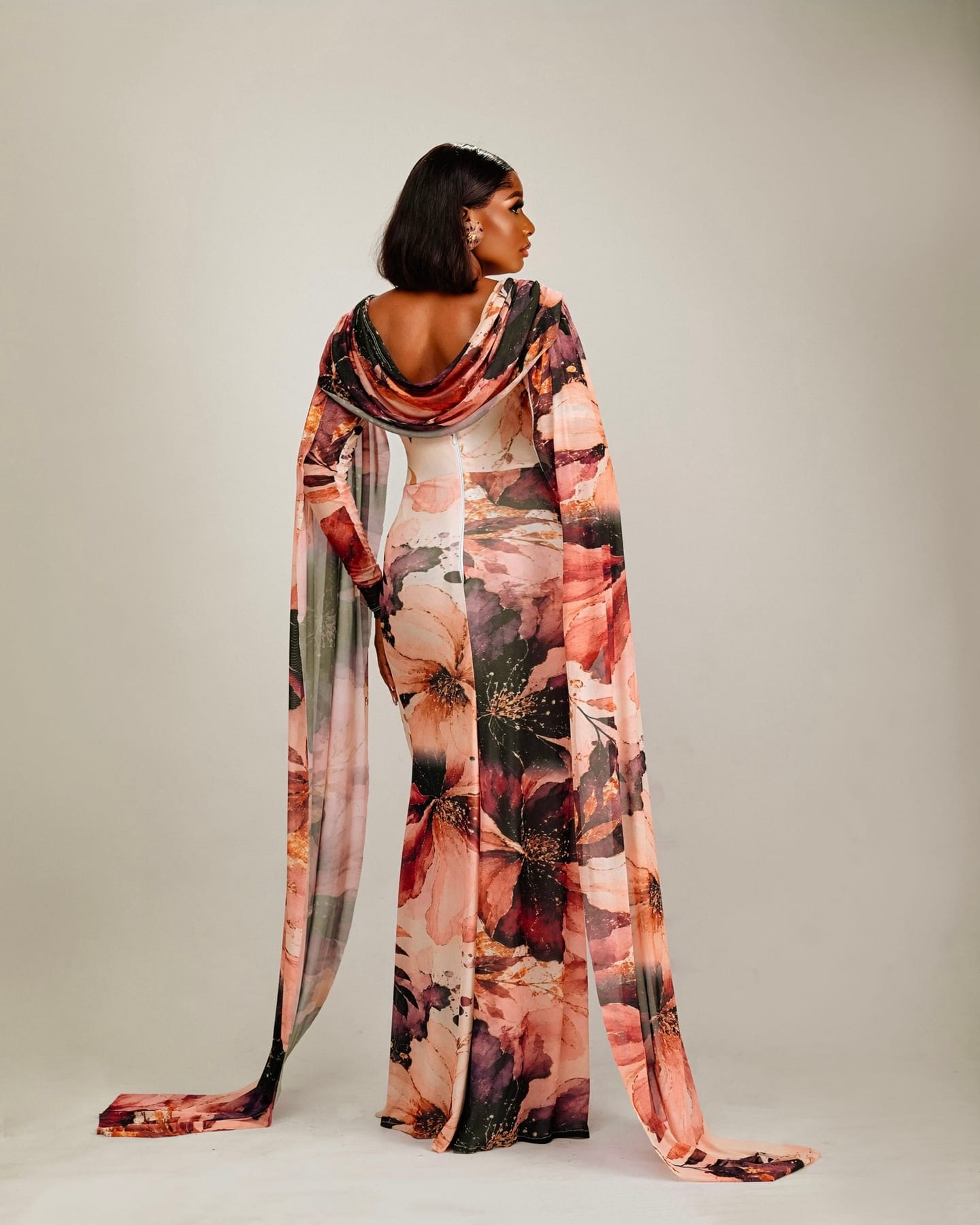 Regal Veil pink floral gown with trailing veil panels (frame 7 of 9)