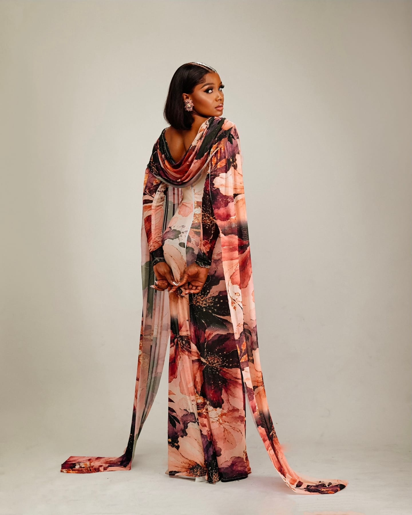Regal Veil pink floral gown with trailing veil panels (frame 8 of 9)