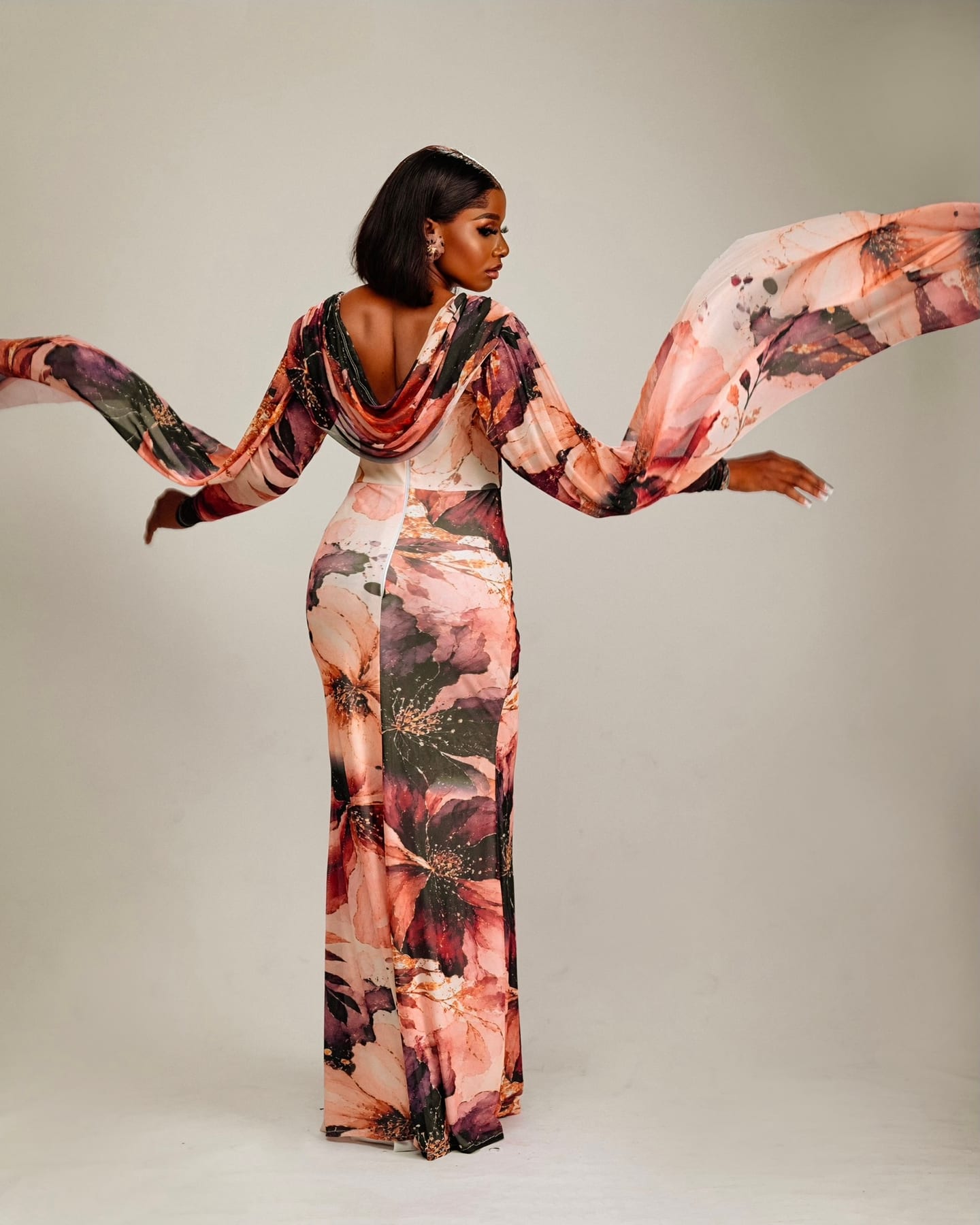 Regal Veil pink floral gown with trailing veil panels (frame 9 of 9)