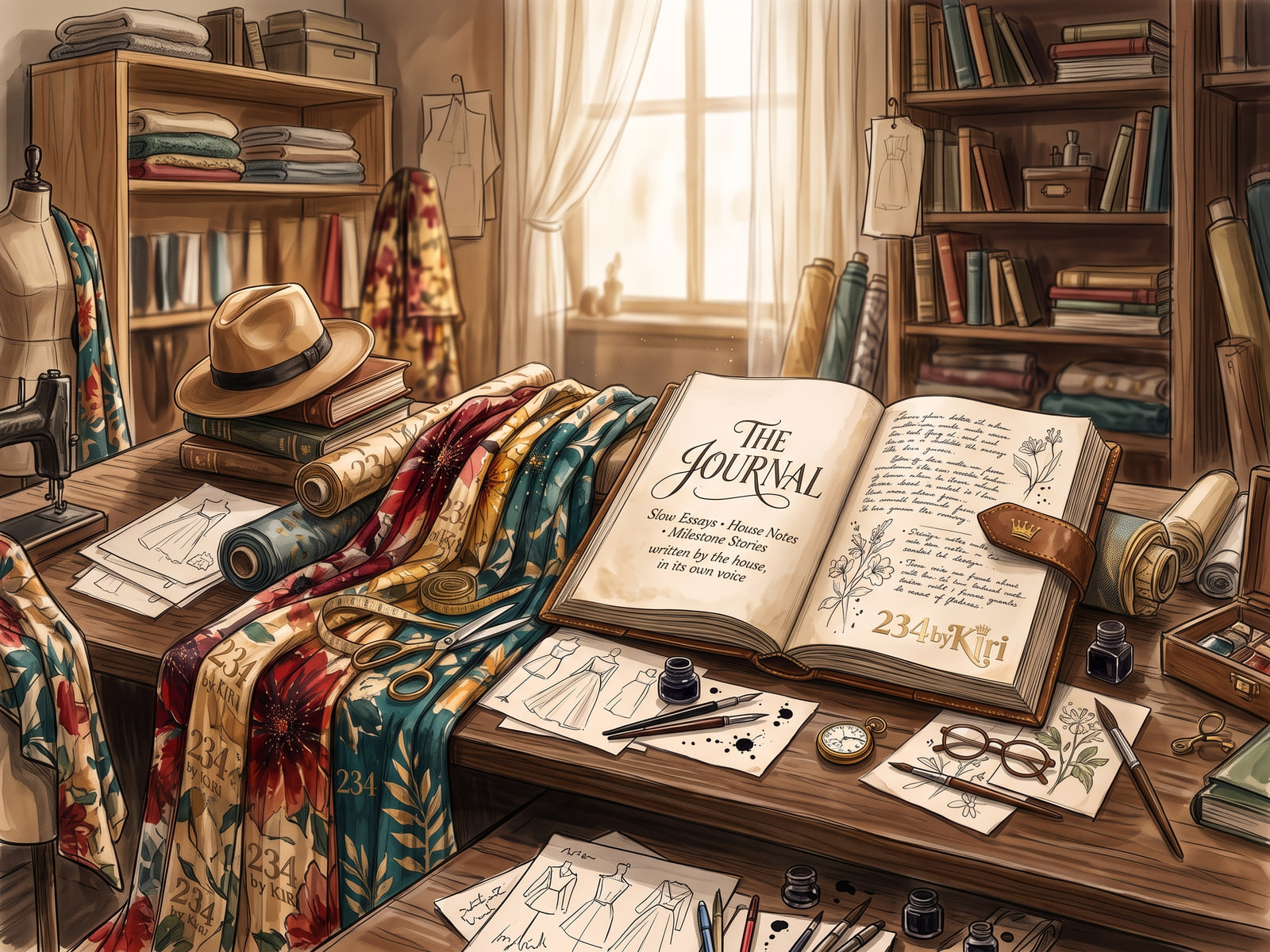 Illustrated atelier studio with the house journal open on a worktable among fabric rolls, dress sketches, and a dress form
